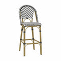 Silla alta de exterior con respaldo curvado estructura de acero beige y asiento tejido de ratán PE blanco y negro 55 x 55 x 105 cm