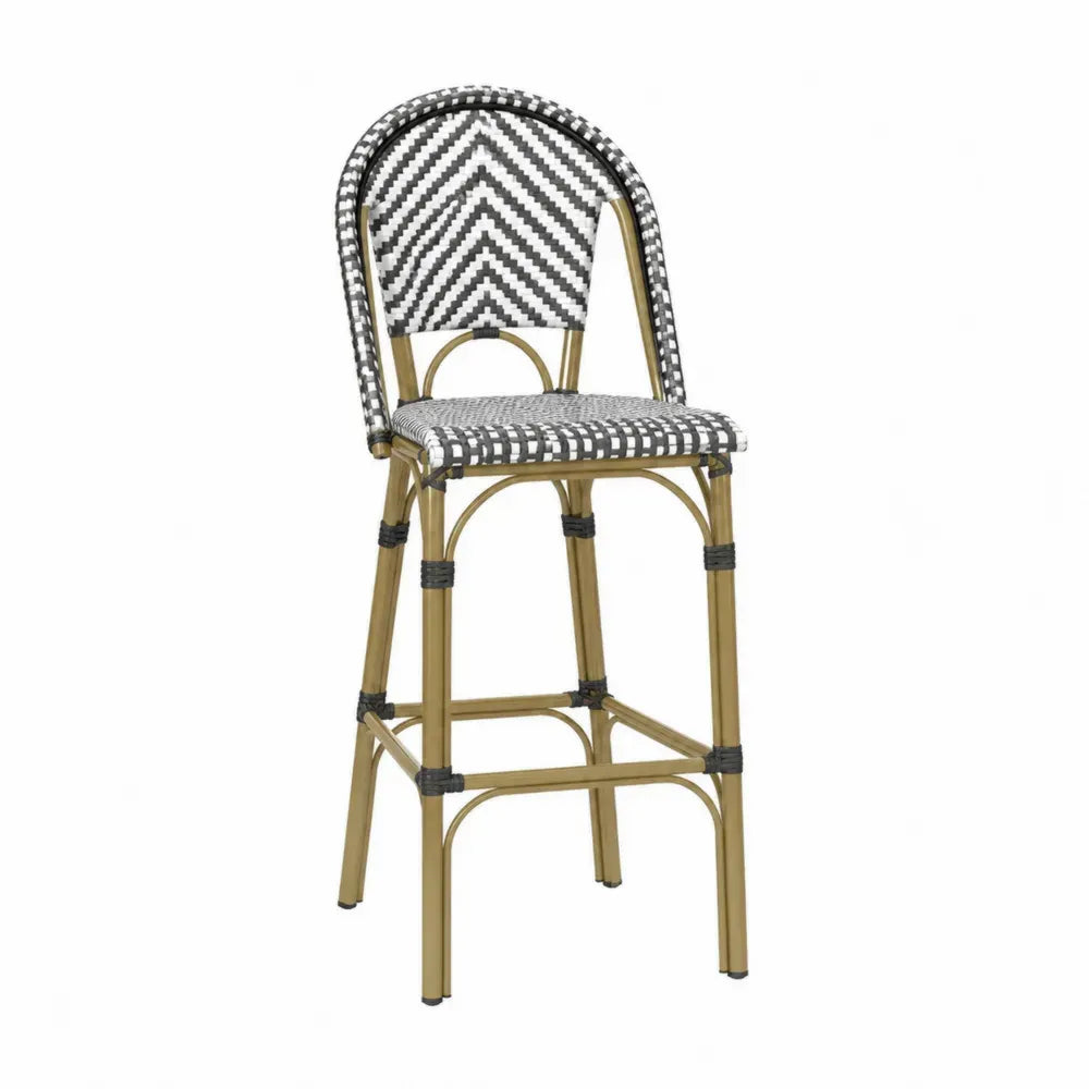 Silla alta de exterior con respaldo curvado estructura de acero beige y asiento tejido de ratán PE blanco y negro 55 x 55 x 105 cm