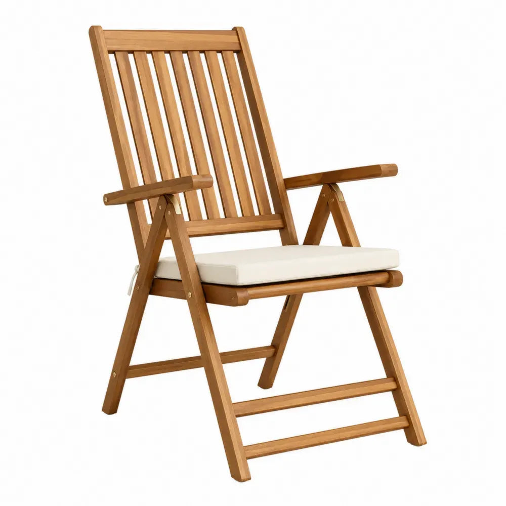 Silla de exterior plegable de madera maciza de acacia con cojín beige respaldo alto y reposabrazos 65 x 70 x 105 cm