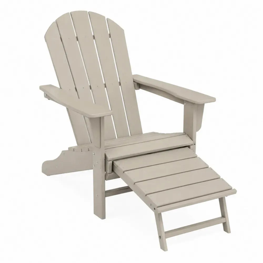 silla de exterior tipo Adirondack madera maciza color beige con reposapiés extensible