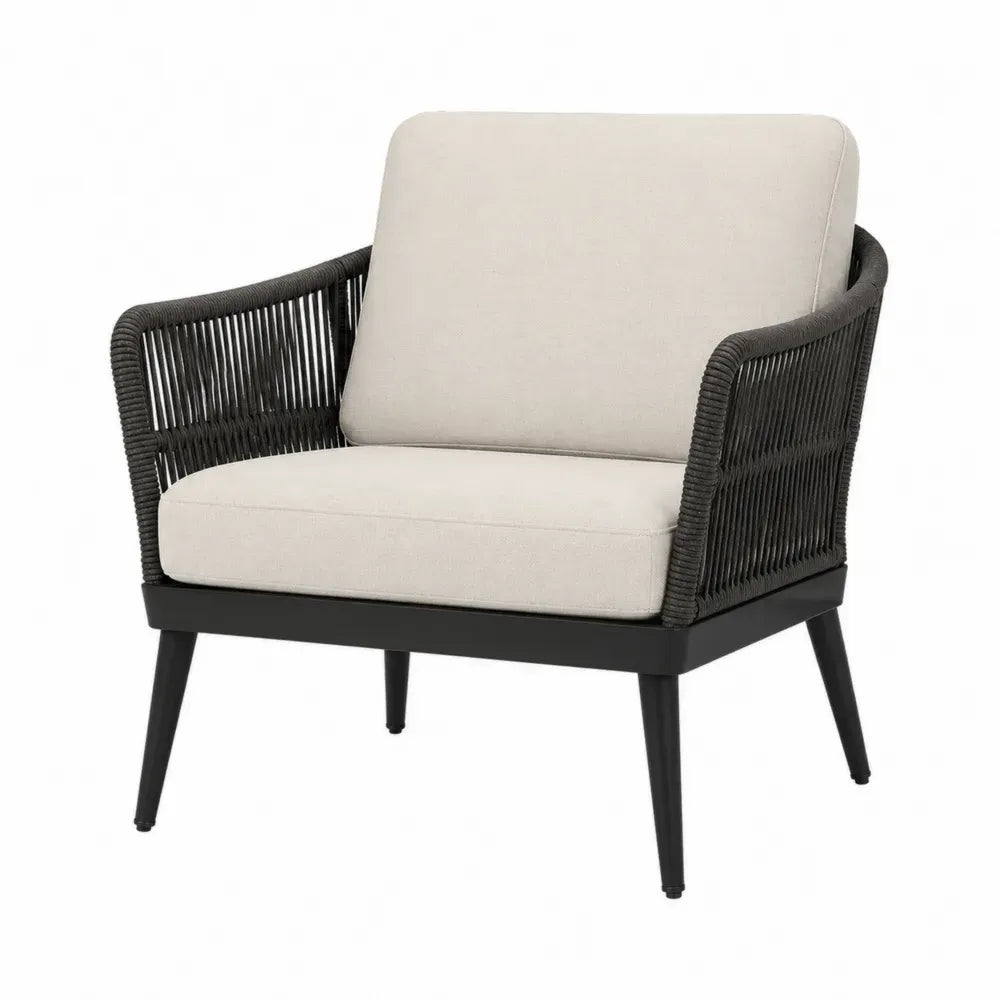 Sillón de exterior con cojines tapizados en poliéster beige estructura de aluminio negro y brazos de cuerda PE gris oscuro 80 x 75 x 85 cm