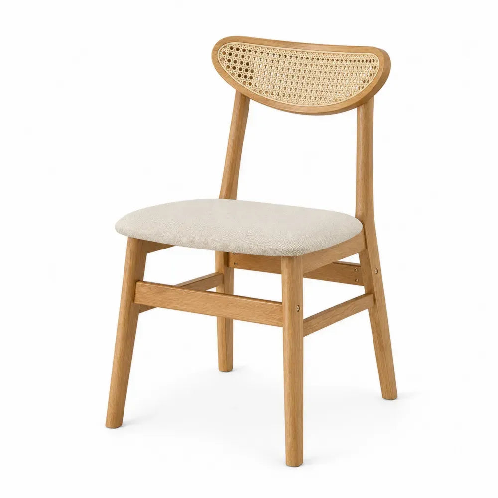 Silla de comedor de roble macizo con respaldo semicircular de ratán asiento tapizado beige 48 x 52 x 82 cm