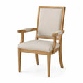 Silla de comedor con reposabrazos de madera maciza acabado roble respaldo rectangular y asiento tapizados beige 52 x 55 x 88 cm