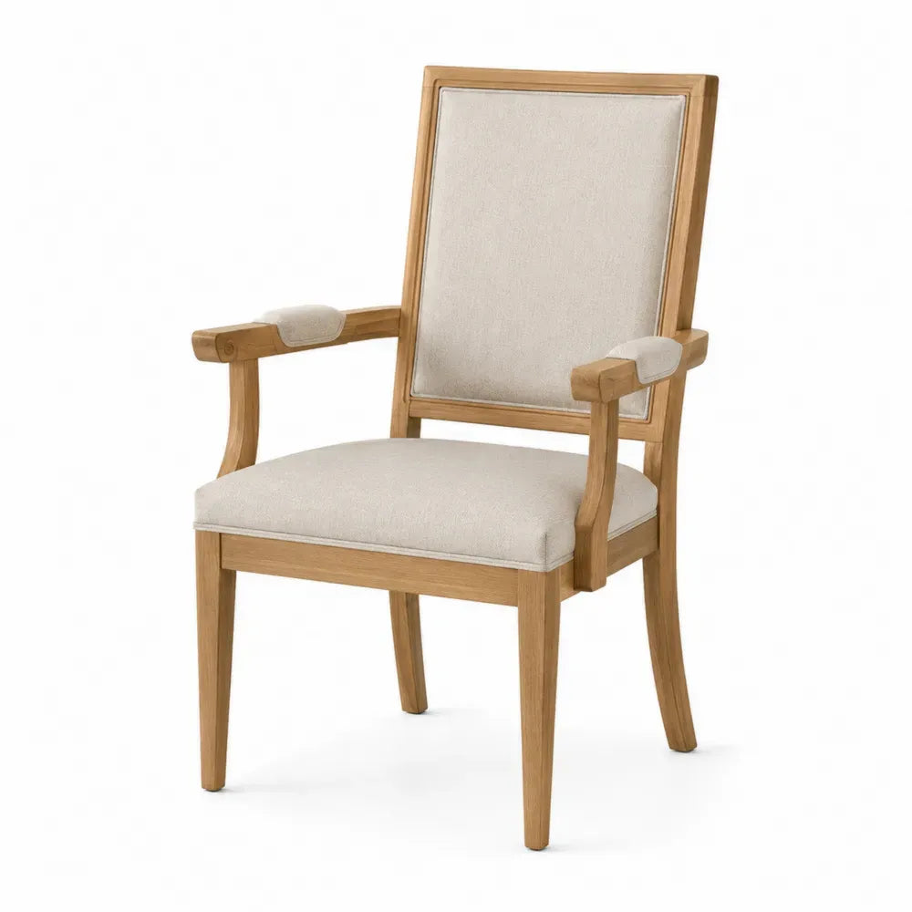 Silla de comedor con reposabrazos de madera maciza acabado roble respaldo rectangular y asiento tapizados beige 52 x 55 x 88 cm