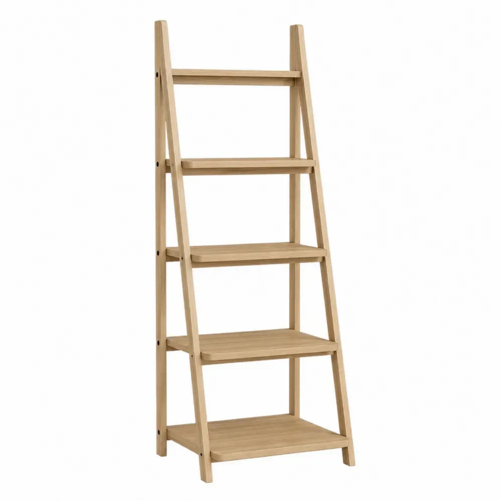 Estantería tipo escalera de madera de caucho con 5 baldas color madera natural 80 x 35 x 180 cm