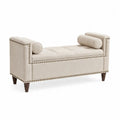 Banco tapizado beige 130 x 45 x 55 cm tejido poliéster estructura madera maciza patas madera con cojín cilíndrico tachuelas metálicas