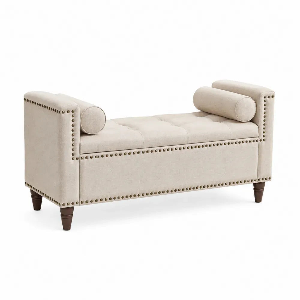 Banco tapizado beige 130 x 45 x 55 cm tejido poliéster estructura madera maciza patas madera con cojín cilíndrico tachuelas metálicas