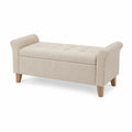 Banco rectangular tapizado en tejido de poliéster beige con asiento capitoné brazos curvos y patas de madera 110 x 35 x 45 cm