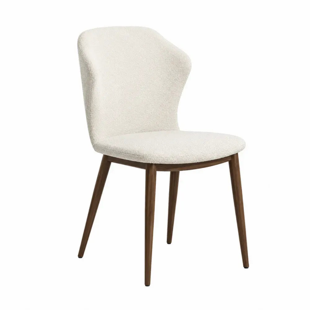 silla de comedor tapizada con respaldo curvo madera de caucho asiento de tejido bouclé beige patas de madera color nogal 45 cm x 52 cm x 85 cm