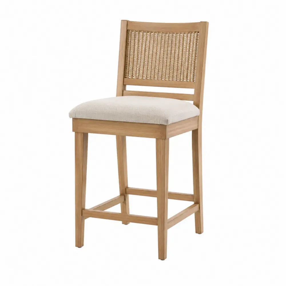 Silla alta de comedor de madera maciza acabado roble con respaldo rectangular de ratán y asiento tapizado beige 50 x 52 x 105 cm