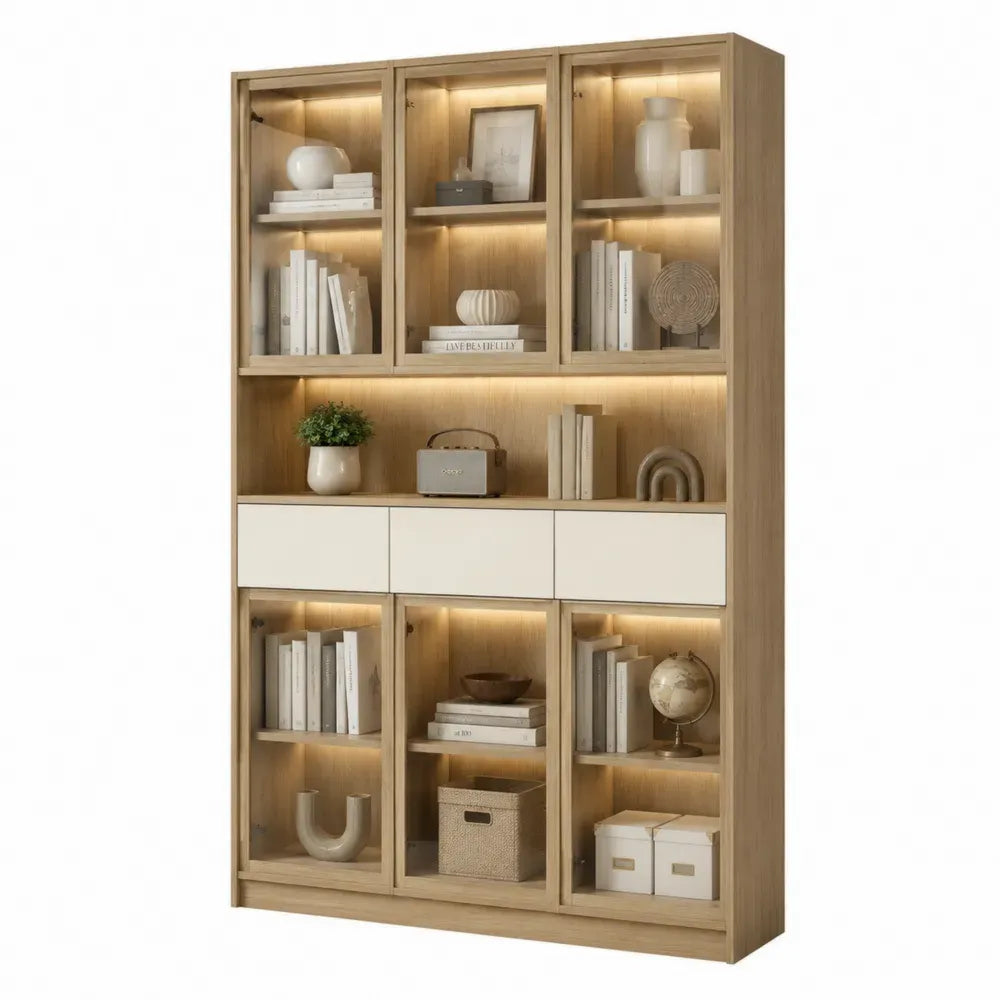 Librería vitrina vertical de MDF con puertas de vidrio estantes iluminación LED madera clara blanco crema y transparente aprox 120 x 35 x 200 cm