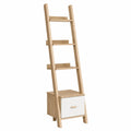 Estantería tipo escalera de madera de caucho y MDF con cajón inferior blanco y madera natural 60 x 35 x 170 cm