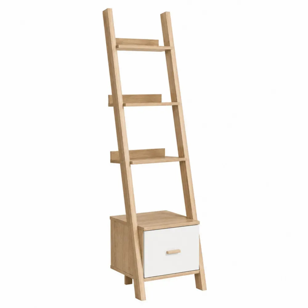 Estantería tipo escalera de madera de caucho y MDF con cajón inferior blanco y madera natural 60 x 35 x 170 cm