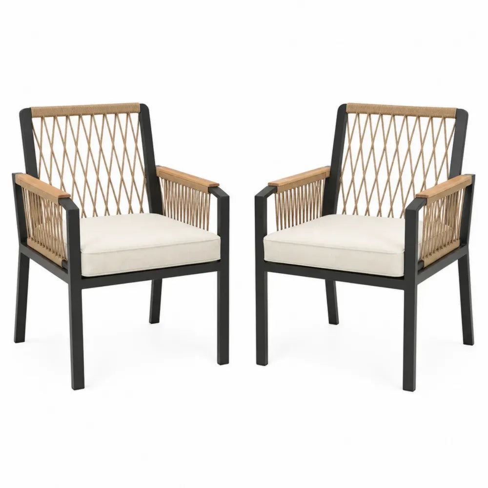 Set de 2 sillas de exterior de aluminio con cuerda trenzada PE y madera de acacia con cojines 62 x 60 x 85 cm negro y beige