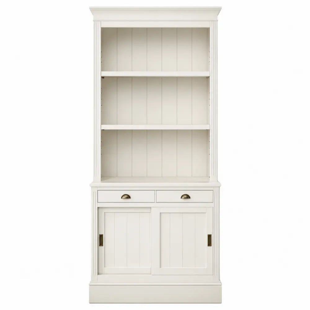 Librería de oficina 80x35x180 cm madera ingeniería blanca con armario inferior puertas y cajones estantes abiertos