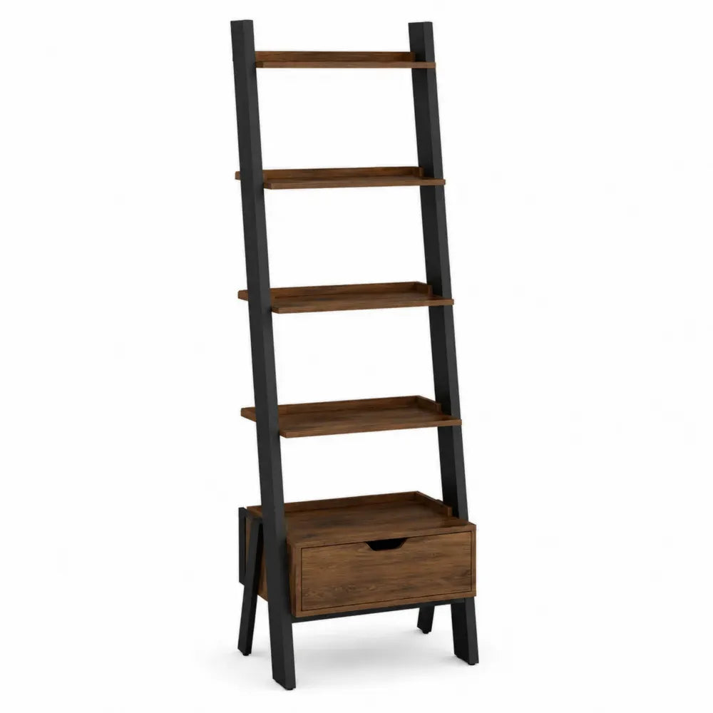Librería estantería escalera de 4 niveles con cajón inferior estructura de metal y MDF color madera negro 60x35x170 cm