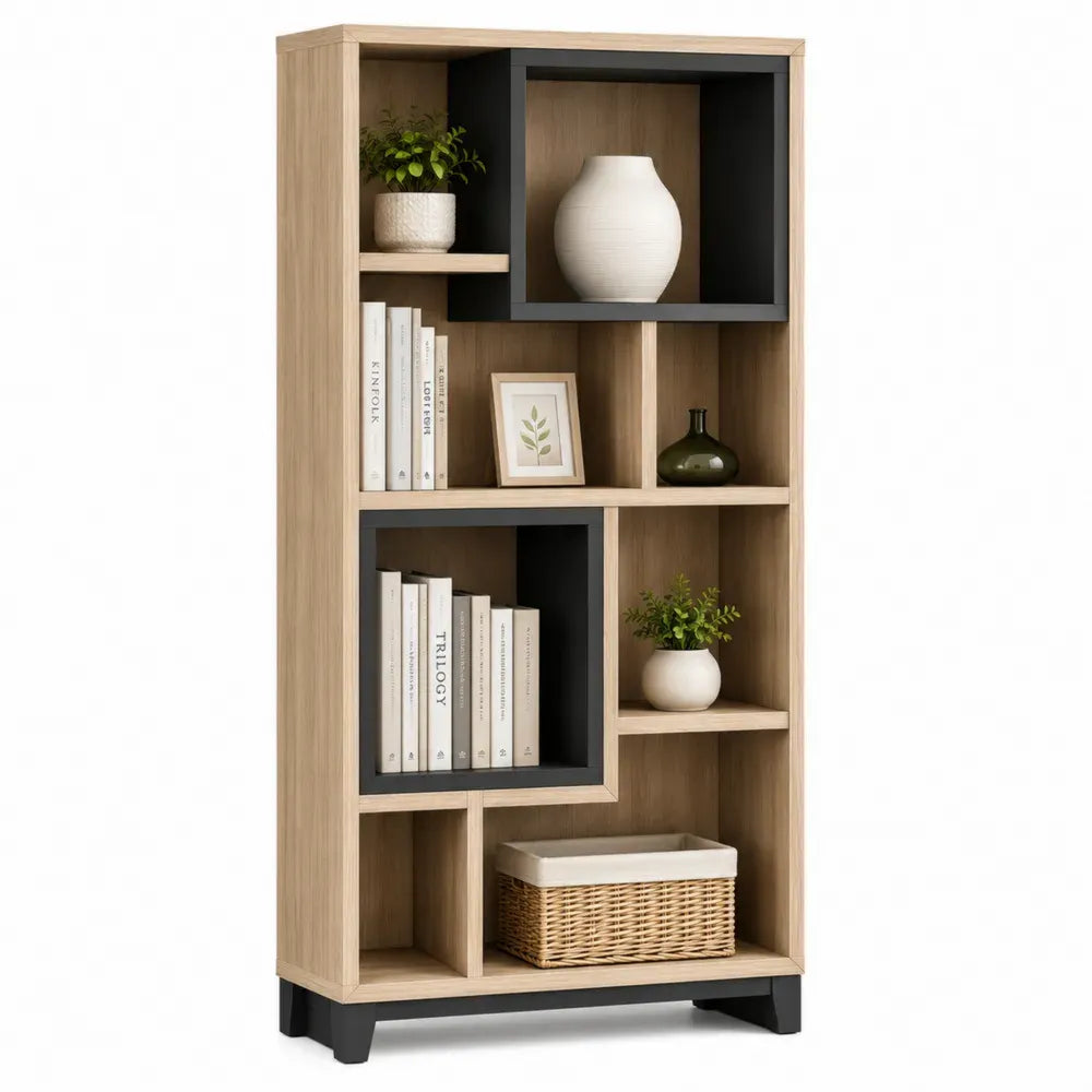 Librería estantería vertical de MDF con compartimentos abiertos color madera natural y negro 85 x 30 x 180 cm