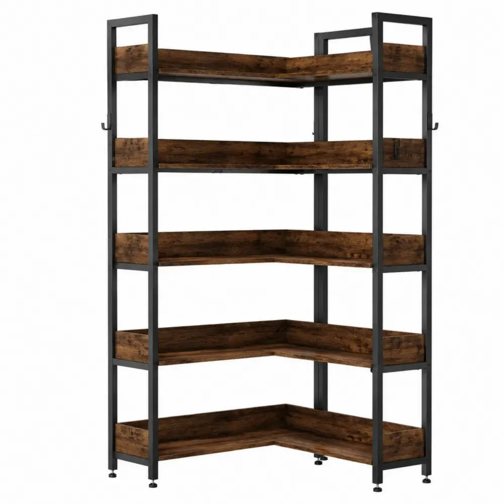 Estantería esquinera industrial 170x70x30 cm madera ingeniería y acero negro con 5 niveles diseño en L marrón