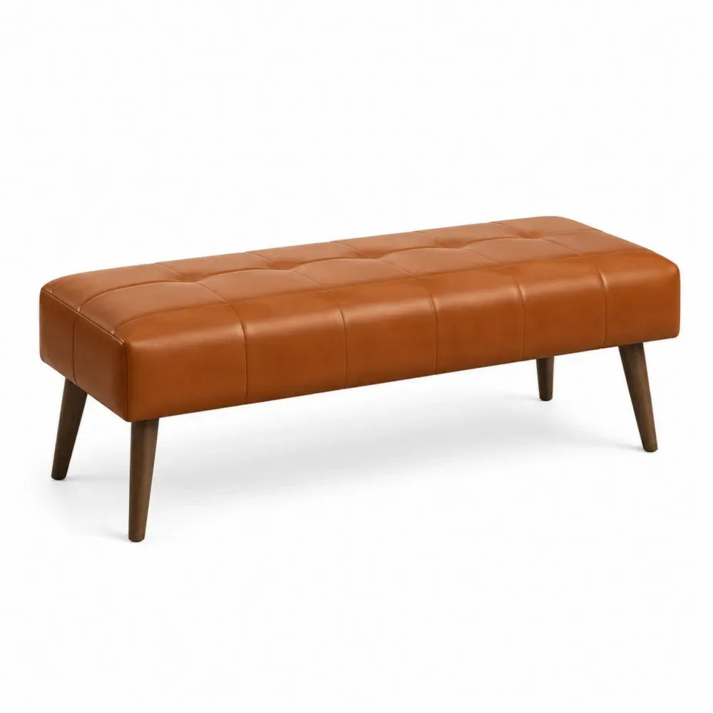 Banco rectangular tapizado en cuero PU marrón con asiento acolchado capitoné y patas de madera 120 x 40 x 45 cm