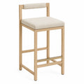 Taburete de cocina de roble macizo con asiento tapizado beige respaldo acolchado y reposapiés dorado 45 x 50 x 95 cm