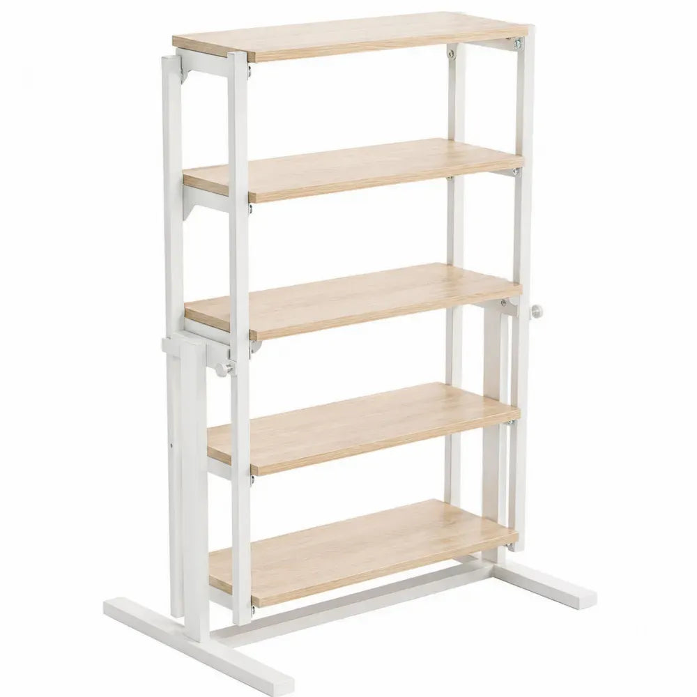 Estantería vertical de acero blanco y tablero de partículas efecto roble claro con 5 baldas 80 x 30 x 140 cm