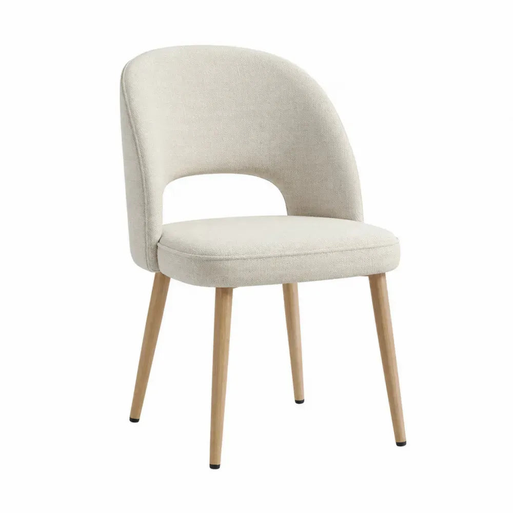 silla de comedor tapizada en tejido bouclé con respaldo curvo abierto estructura de madera natural beige 48 cm x 55 cm x 82 cm