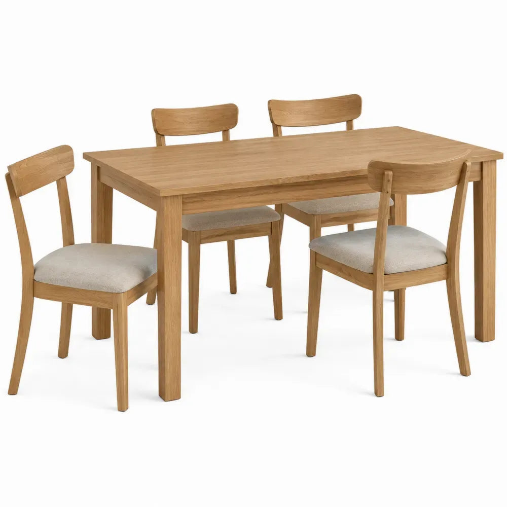 Conjunto de comedor rectangular de roble natural con mesa de roble macizo y 4 sillas tapizadas beige 140 x 80 x 75 cm