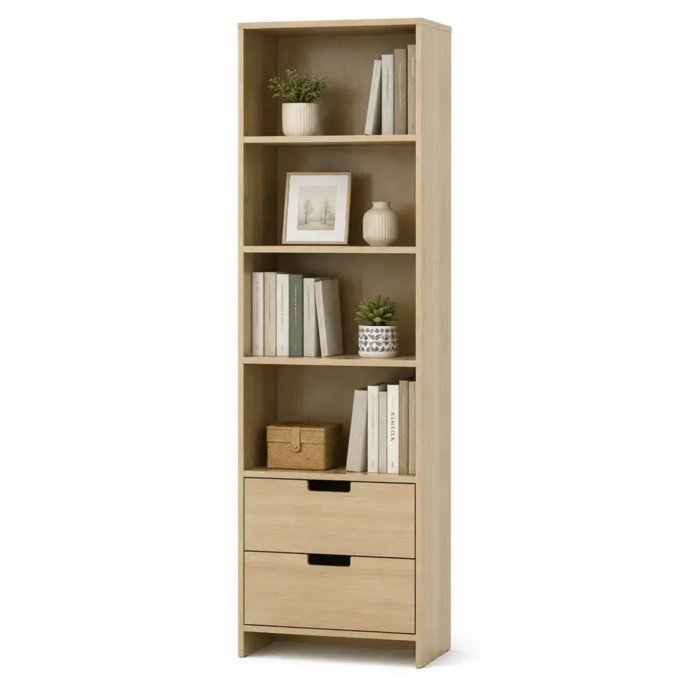 Librería estantería alta MDF roble claro con cajones 60x30x180 cm estructura vertical 4 niveles